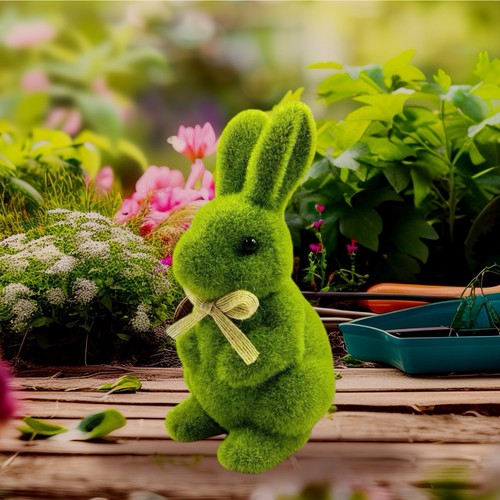 Flocked Bunny Statue With Bow Moss Rabbit Home Decor Easter Bunny