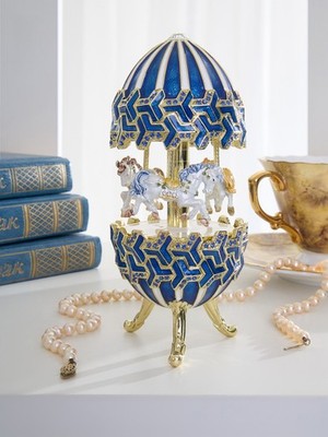 Keren Kopal Blue Wind up Music  Horse Carousel Decorated with Austrian Crystals