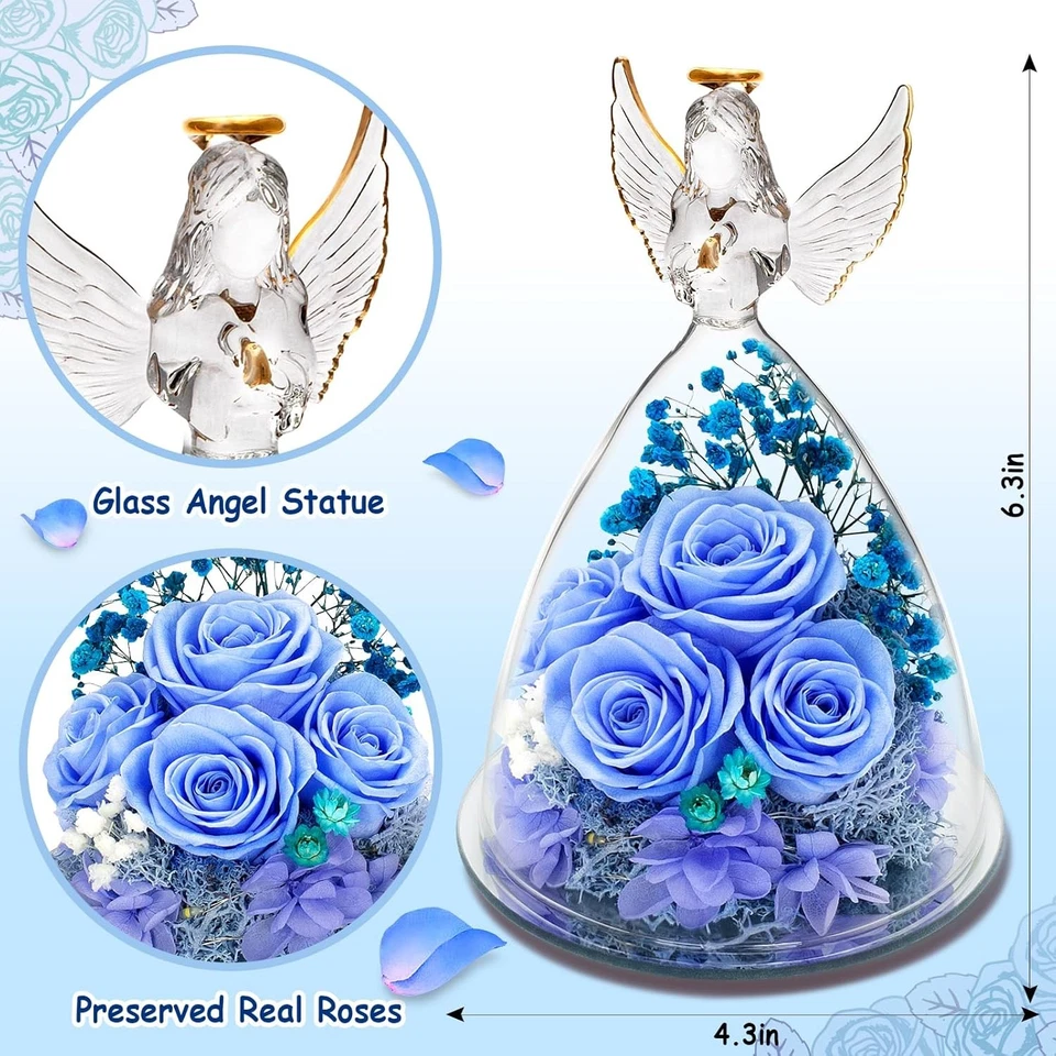 女士生日玫瑰礼物,保存鲜花礼物妈妈,玻璃天蓝色  — 第 2/4 张图片