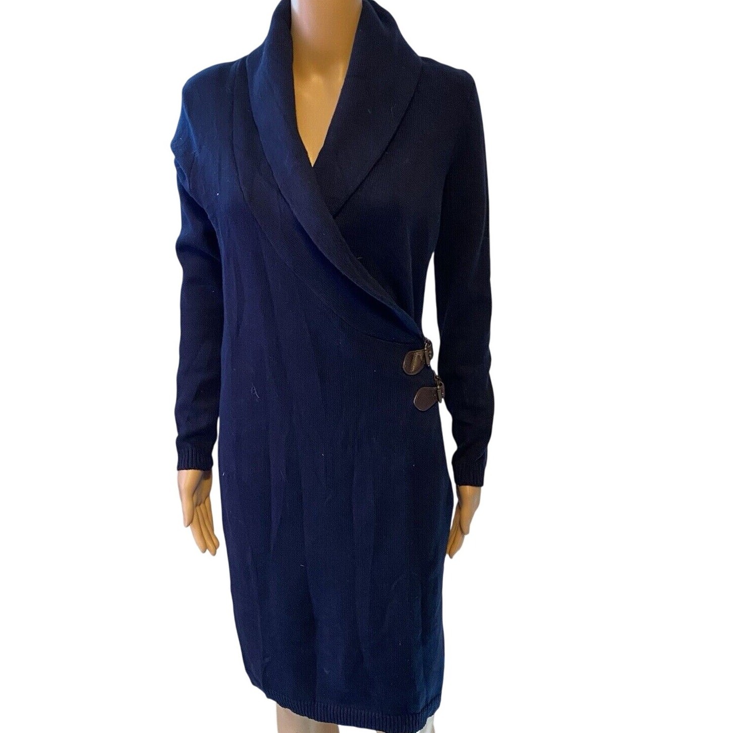 Lauren Ralph Lauren Navy Blue Knit Shawl Collar Belted Buckled