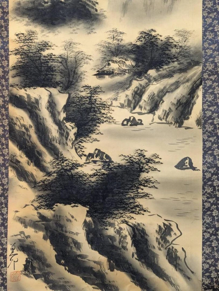 Pergamino colgante japonés pintura de paisaje escena valle sereno arte tradicional Foto 3 de 4