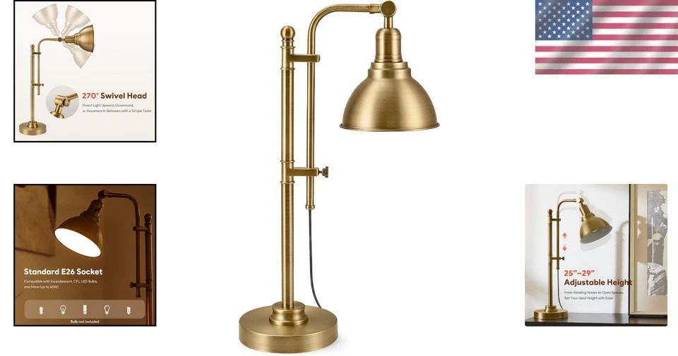 Lámpara de escritorio vintage dorada, estilo industrial ajustable Foto 2 de 4