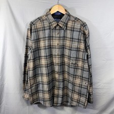 Pendleton Shirt Mens Large Gray Tan Plaid 100 Virgin Wool Lined Elbow Patches