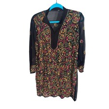 Vintage Embroidered Sheer Black Tunic Top Floral Boho Kurti Size 46