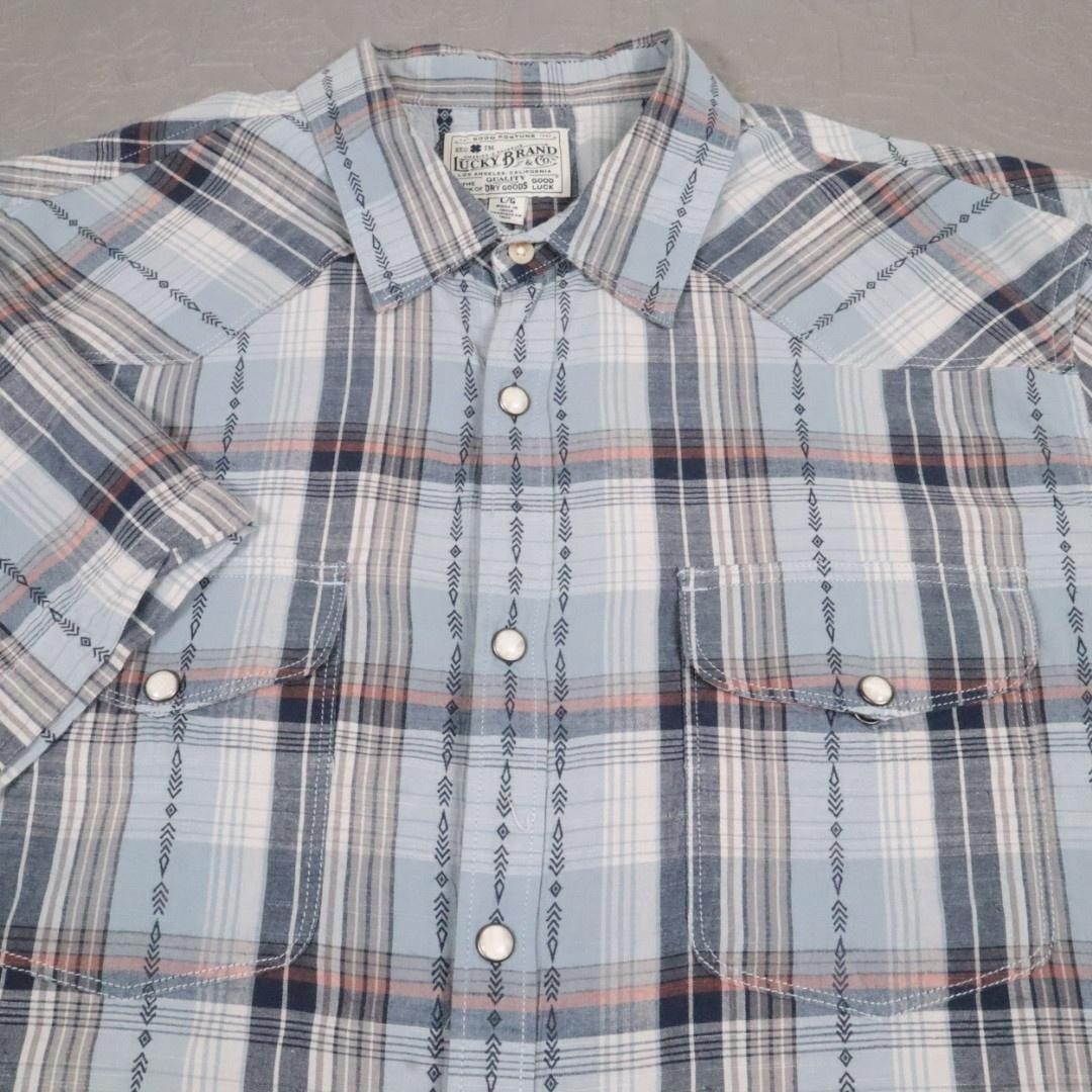 Lucky Brand Shirt Mens Large Blue Plaid Short Sleeve Western Pearl Snap Pockets