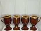 Set of 4 Vintage Hull Pottery Brown Drip Glaze Irish Coffee Pedestal Mugs 6"