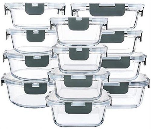 24-Piece Glass Food Storage Containers with Upgraded Snap Locking LidsGlass 