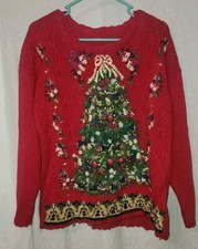 Womens Vintage Heavy Christmas Tree Sweater Classic Ugly Sequin Red Large 