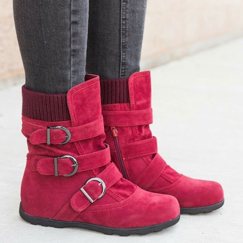Damen-Stiefeletten lässig Schnalle Damen Winter warm flacher Absatz Booties Schuhe neu - Bild 4 von 19