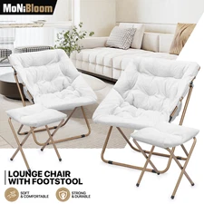 White 2-Piece Saucer Chair Soft Faux Fur Oversized Seat w/Folding Footrest Stool
