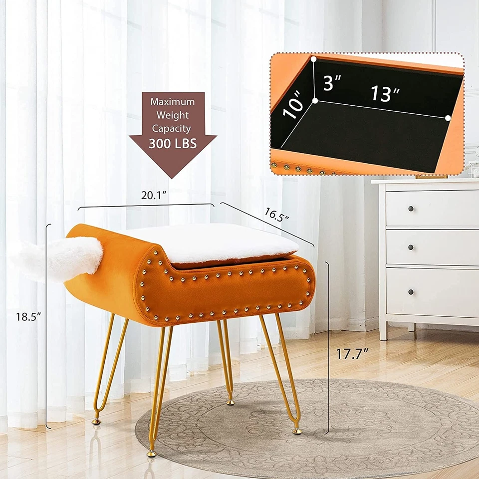 Velvet Vanity Stool with Storage Square Makeup Chair with Metal Leg Modern Style - Image 4 of 4