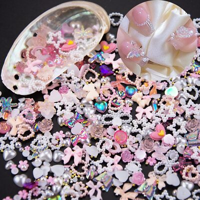 500 Pcs Assorted Pink 3D Nail Charms for DIY Crafts Manicure Jewelry Accessories