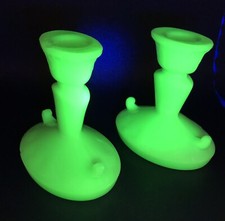 2 Vintage McKee Jadite Jadeite Green Laurel Candlesticks Candle Holders HTF 1930