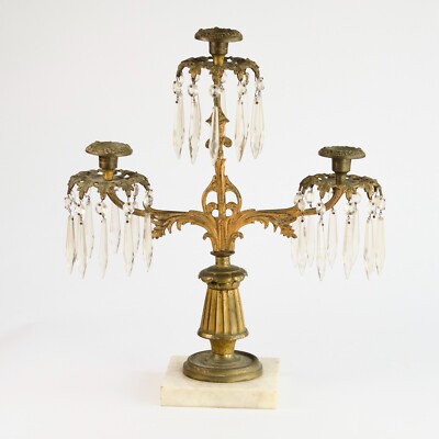 Antique Gilt Brass Candleabra w/ Drop Crystals Three Arm Candle Candleholder
