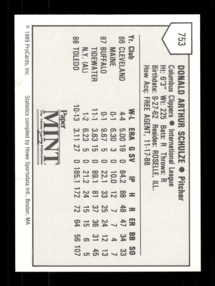 1989 ProCards Columbus Clippers 753 Don Schulze BXCP24 - Image 2 of 2