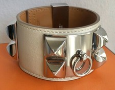 Hermes Blanc Swift Calfskin Silver Plated Collier De Chien Bracelet T2