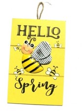 Bumblebee HELLO SPRING SIGN Bee Plaque Family Decor Wall Door Seasonal Hanger