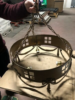 Antike Hängelampe H 59 cm 3 Porzellanfassung E 27 Messing Bronzeguss