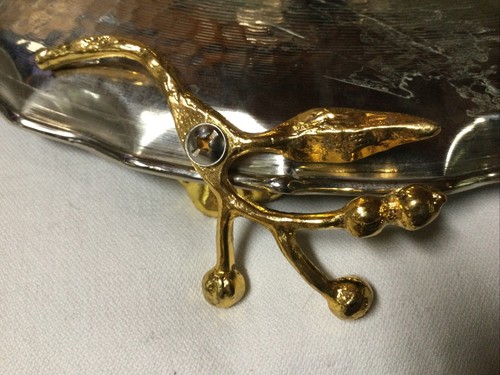 Gehämmert Silber Metall Standschale/Kuchenständer mit goldenen Blättern & Blume - Bild 14 von 18