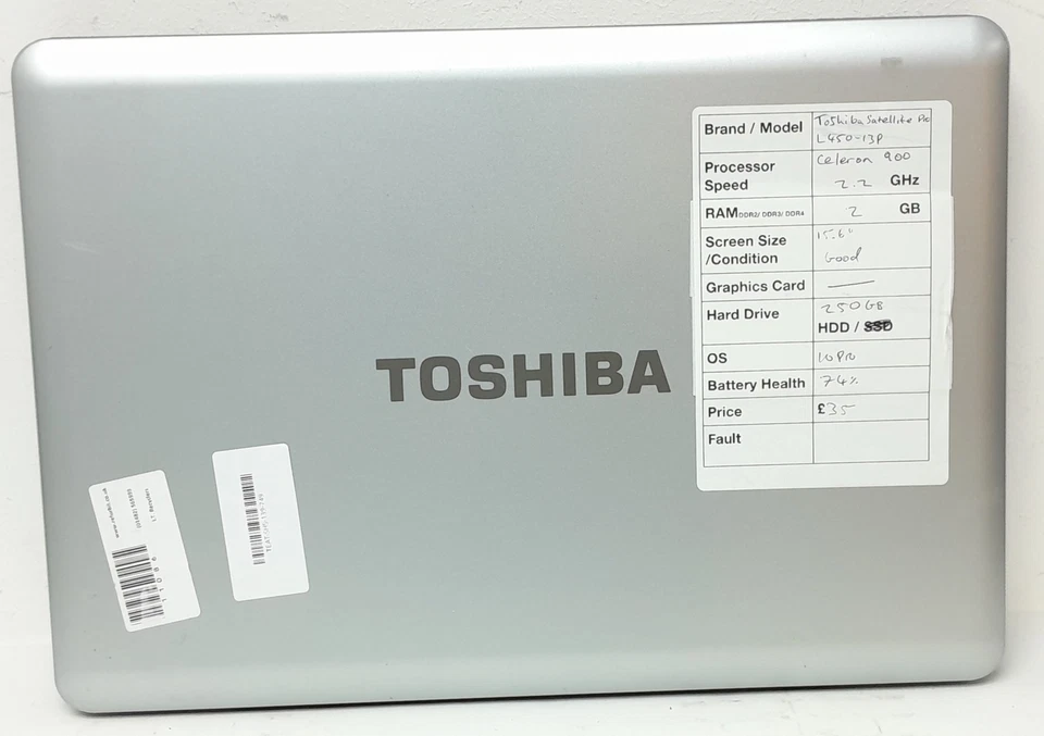 Toshiba Satellite Pro L450-13P - Celeron 900 2.2GHz - 2GB RAM - 15.6" - 250GB... - Image 4 of 4