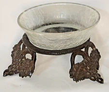Vintage Crackle Glass Bowl With Stand Grape Pattern Detachable Perfect Condition
