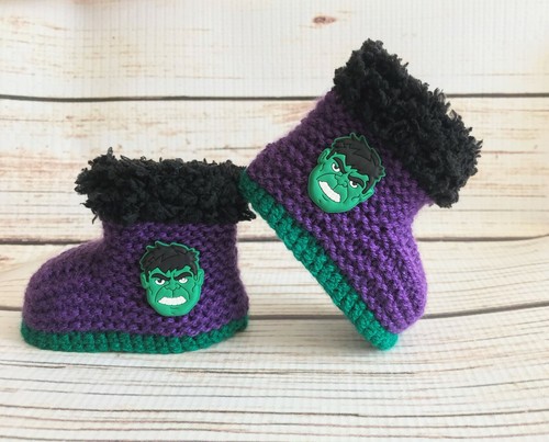 Baby Boy Hand Knitted Crochet Booties Boots Incredible Hulk Superhero 0-12M - Picture 3 of 3