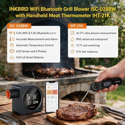 INKBIRD WLAN BBQ Temperaturregler ISC-028BW +Handfleischthermometer IHT-21K Oven
