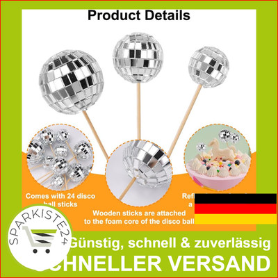 24 Stück Mini Discokugel Tortendeko, Kuchen Toppers Disco Ball Mottoparty Silber