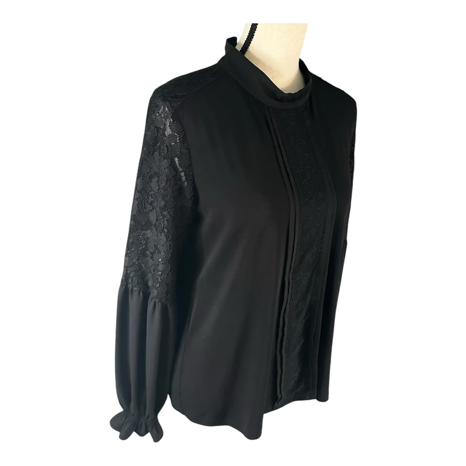 Karl Lagerfeld Women High Neck Long Sleeves Black Lace Blouse Size Medium - Image 3 of 4