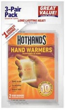 HOT HANDS HAND WARMERS-3 PAIR PACK 6/PK 12 PKGS/CARTON - 8 CARTONS/CASE