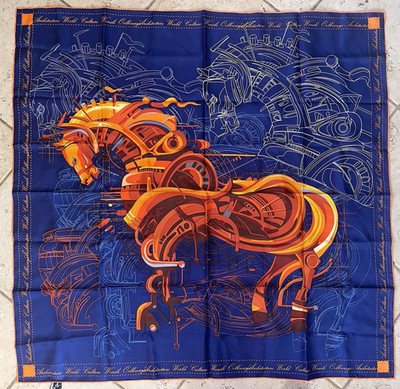 WENSLI, 100% Silk Blue Architecture Horse Theme Square Scarf, New Tags