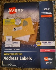 Avery 1500 Labels 50 Sheets Waterproof Film Address Labels Laser 5520 