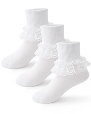 Girls Ruffle White Socks Dress Lace Frilly Crew