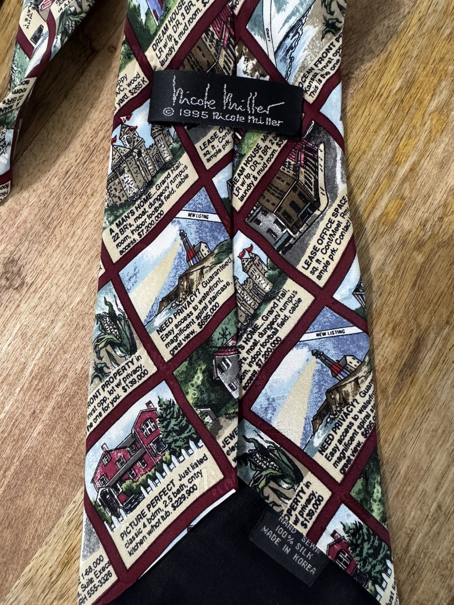 Vintage 1995 Nicole Miller Tie Housing Market Real Estate Home Prices 100% Silk View 3