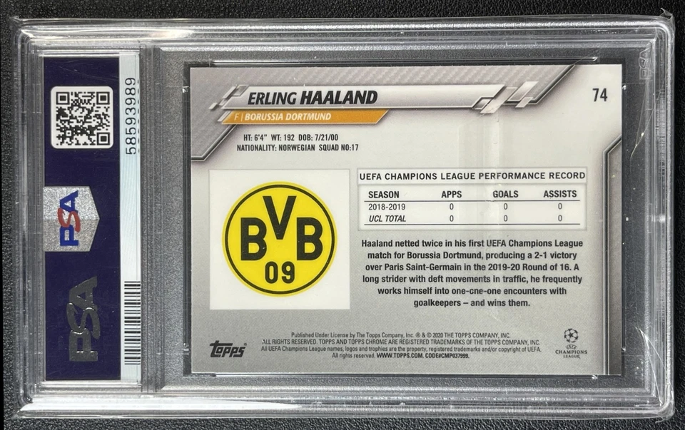 ERLING HAALAND PSA 10 2019 TOPPS CHROME UCL #74 ROOKIE RC 3989 - Image 2 of 2
