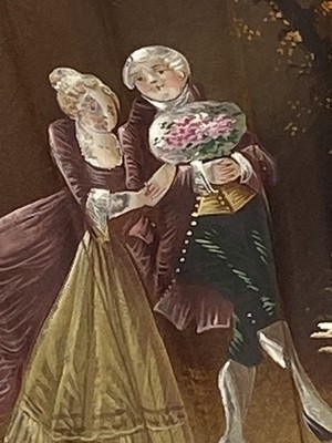 CHARMANTER ANTIKER HANDBEMALTER KLAPPBARER HANDFÄCHER AUS SEIDENBLÄTTERN (405/A10)