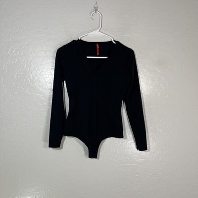 Spanx Bodysuit Womens Small Black V Neck Long Sleeve Shapewear Stretch Top
