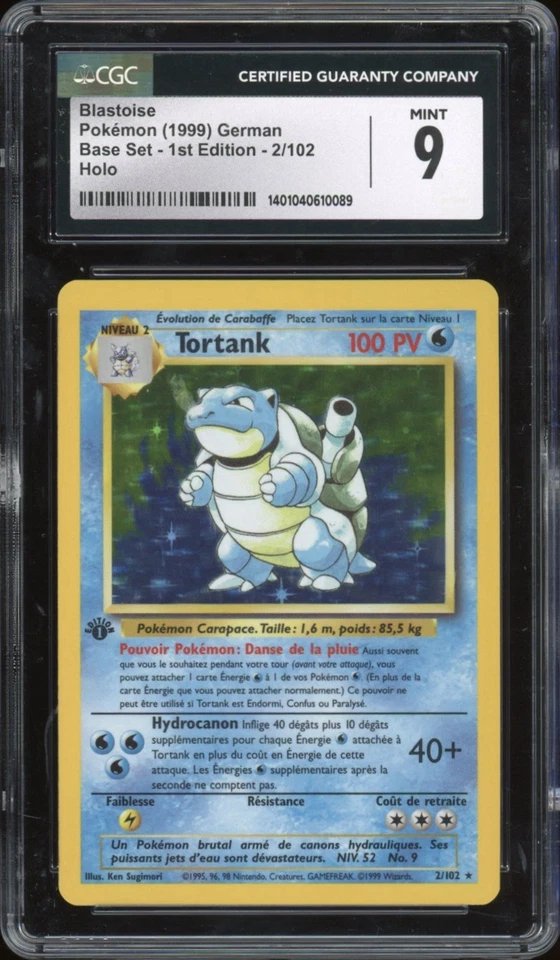 1999 Pokemon FRENCH 1st Edition Base Set Tortank-Blastoise Holo 2/102 CGC 9 MINT