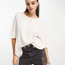 Free People We The Free @ ASOS Lattice Detail Oversized T-Shirt in Almond Milk S