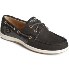Sperry Koifish Cheetah Women  s Canvas Boat Shoes Lace-Up Black Animal Print 5.5