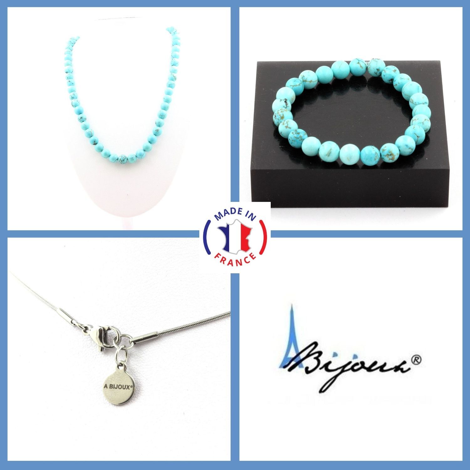 Bracelet et collier perles Howlite Turquoise 8 mm pour vos tenues d'été