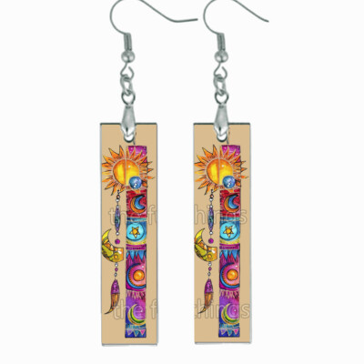 Boho Art Print Earrings Bar Wood Dangle Sun Moon Stars Feathers Summer Jewelry