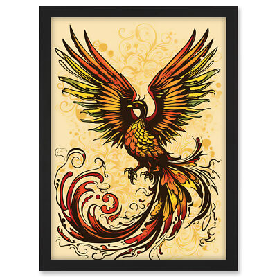 Phoenix Emerging from Flames Tattoo Rockabilly Americana 50er gerahmter Kunstdruck A3