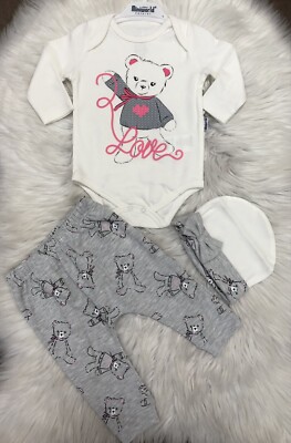 SALE -50% Baby Mädchen 3tlg Set Body Hose Mütze Gr.74 LOVE Bär bear Teddy
