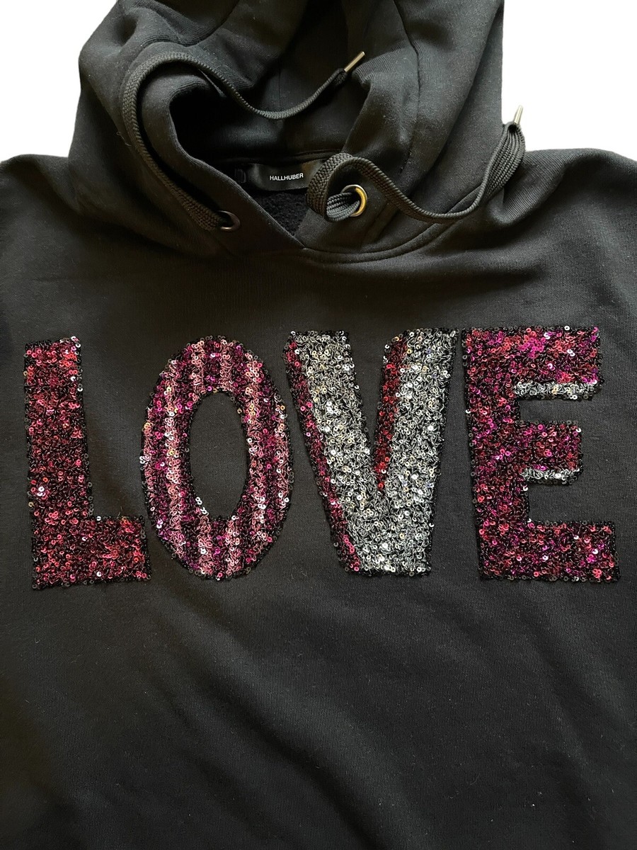 Women Hallhuber Size Small Black Hoodie Love Sequins Embroidered