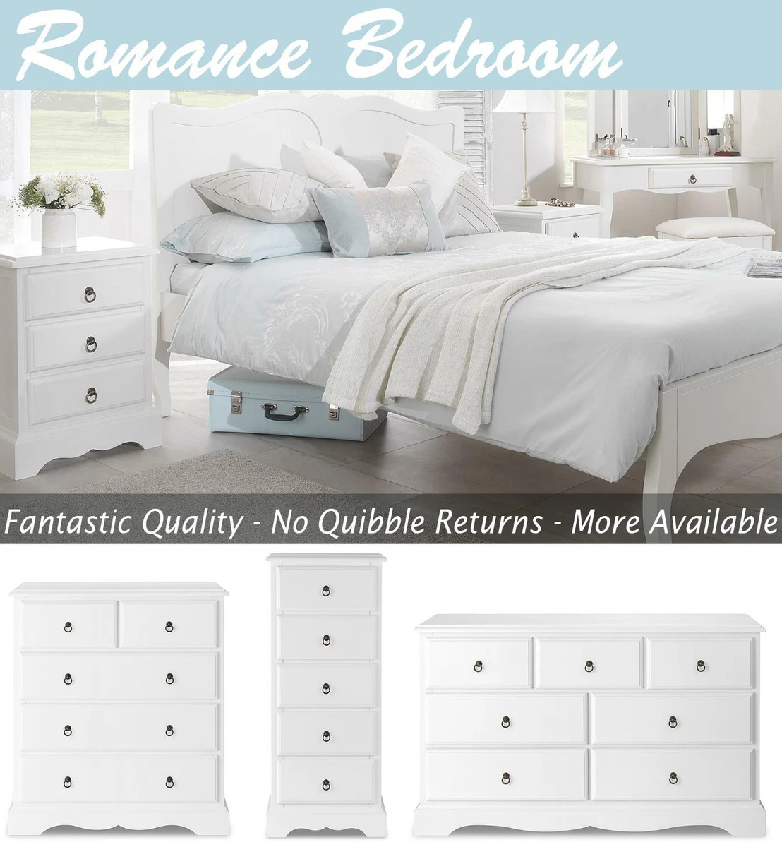 White Chest of Drawers Bedside Table Wardrobe Bed ROMANCE
