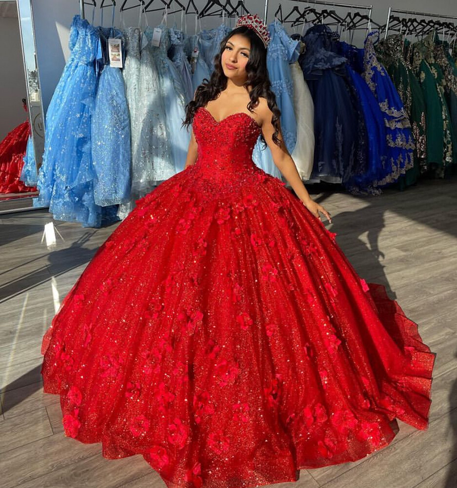 Red Quinceanera Dresses Sweet 15 3D Flowers Glitter Sequin Prom