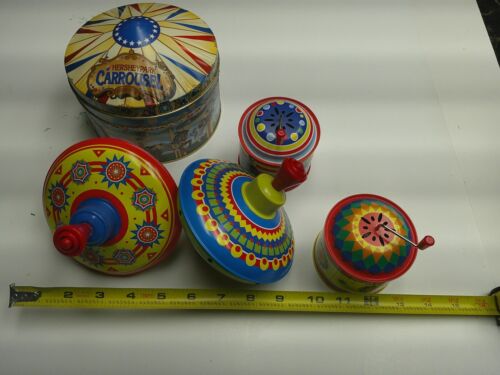Schylling More Fun Vintage Tin Metal Spinning Tops & Music Cans & Hershey Tin - Picture 1 of 16