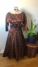 1950 s Black Orange Fall Floral Brocade Dress, XS/S