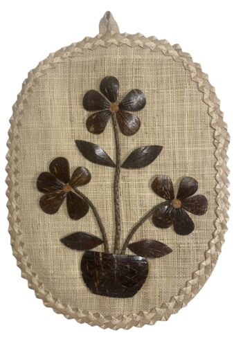Vintage Carved Coconut Shell Wood Flower Pot Wall Plaque Art Boho Decor 1970s